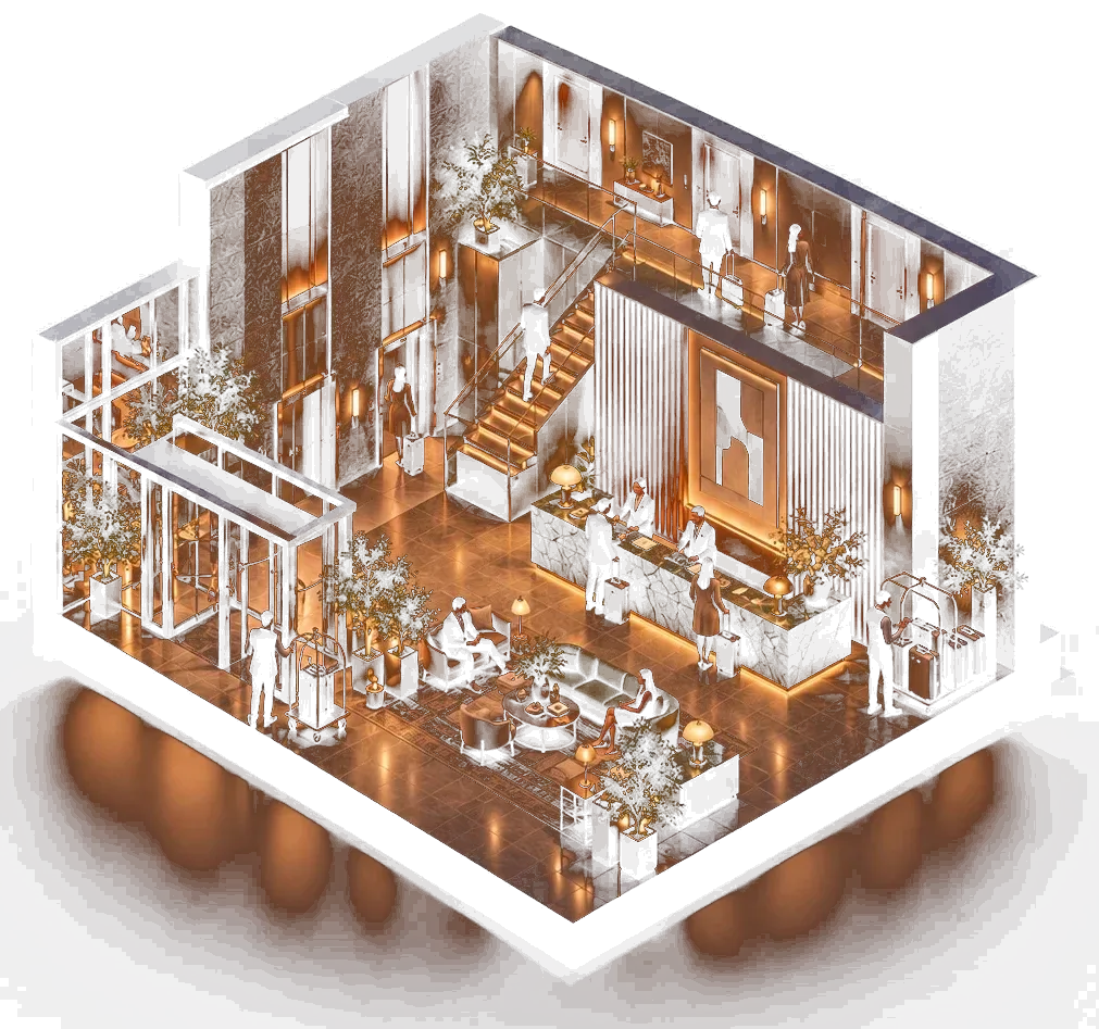Cutaway of a hotel lobby, with a front desk, lounge seating and a staircase to the guest floors